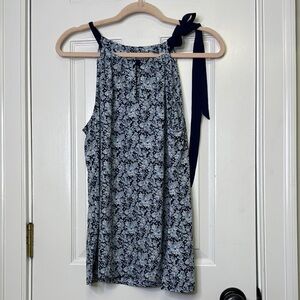 Soho Blue and White Asymmetrical Tie Front Tank Top